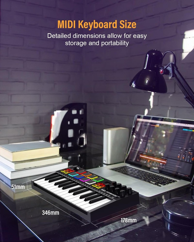 MIDI Keyboard Controller, 25 Key Rechargeable MIDI Keyboard with 8 Backlit Dr...
