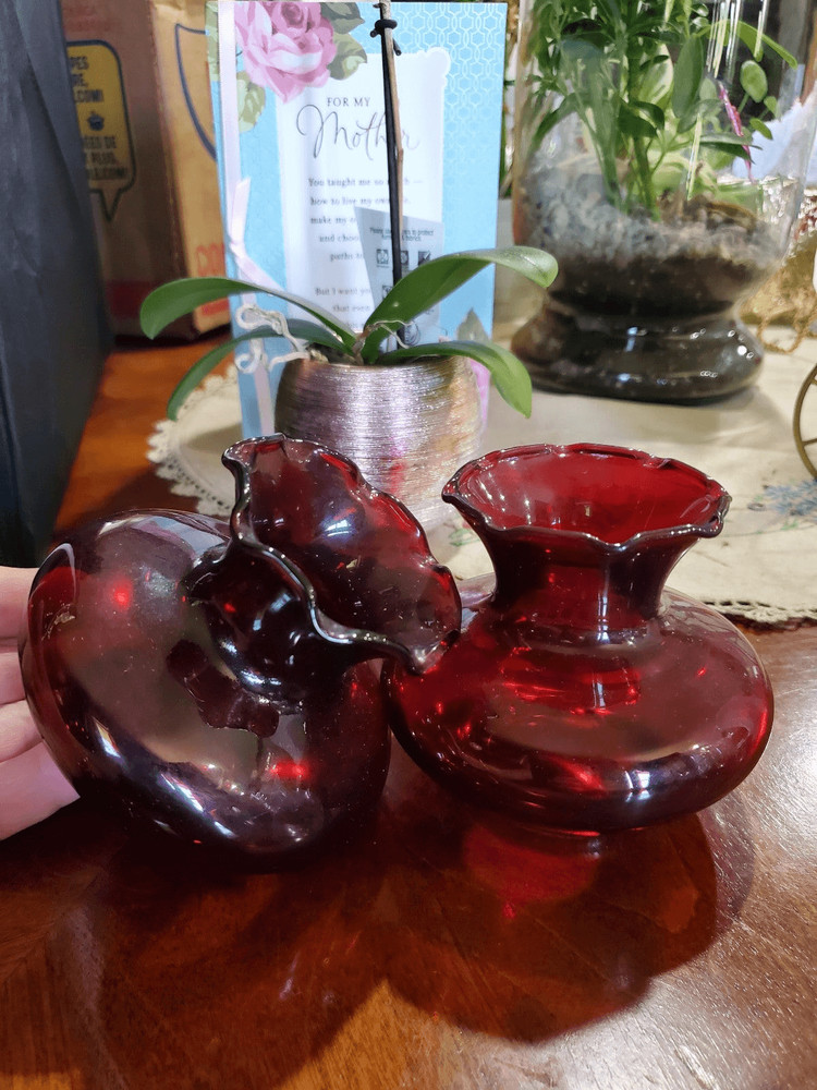 Two anchor Hocking Ruby Red bud vases