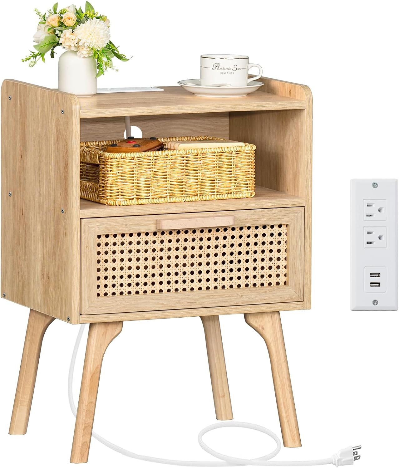 Rattan Nightstand with Charging Station, Boho Side Table with Drawer Open Shelf,
