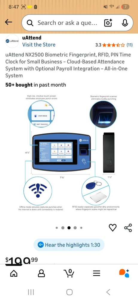 NX2500 Biometric Fingerprint Time Clock, RFID, PIN, Cloud-Based, Payroll Ready