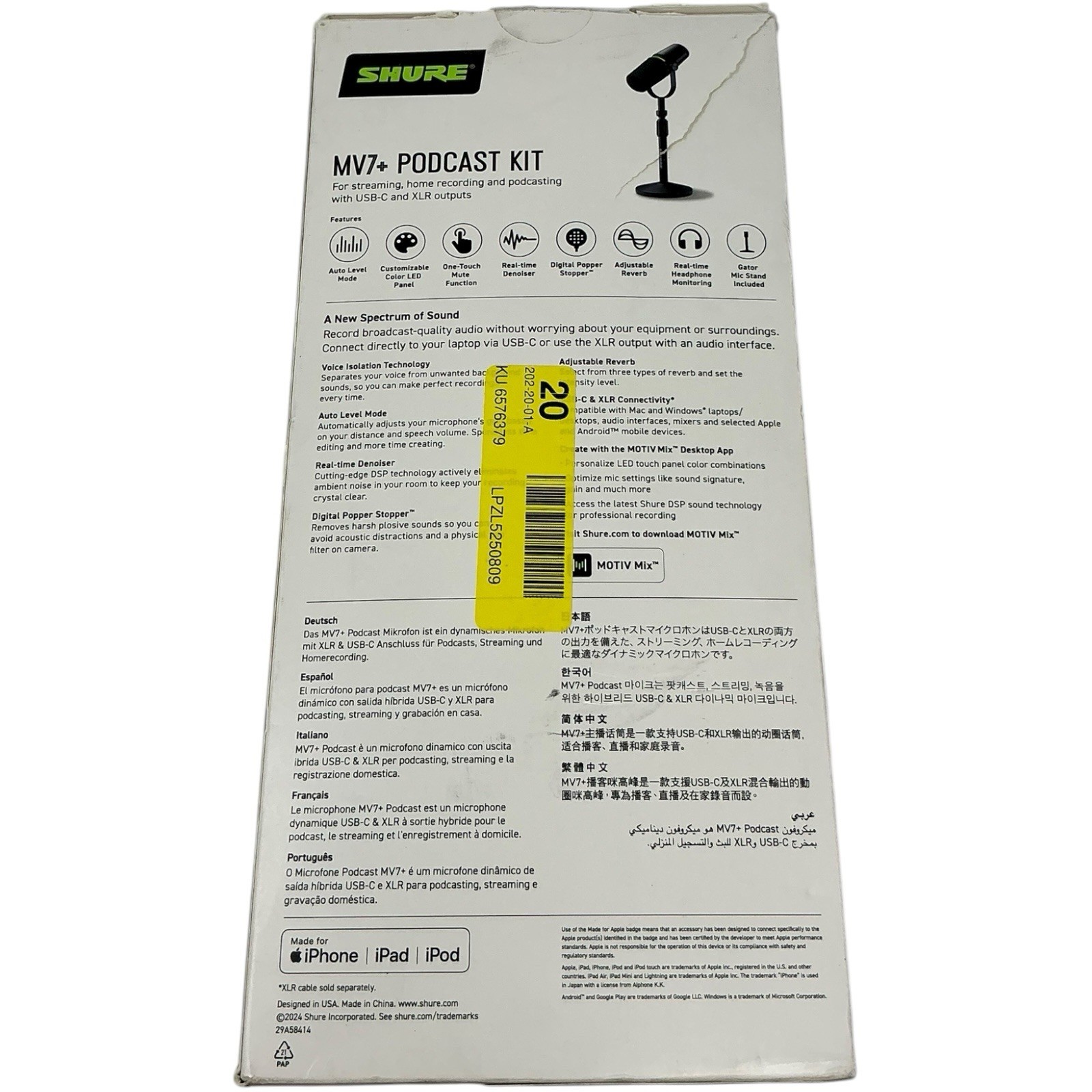 Shure MV7+ Hybrid Output USB-C & XLR Podcast Microphone & Desktop Stand Black