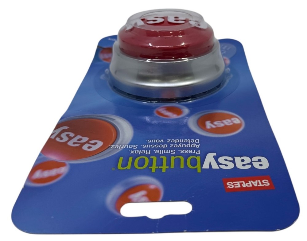 STAPLES EASY TALKING BUTTON RED/SILVER "THAT WAS EASY" NEW IN PACKAGE