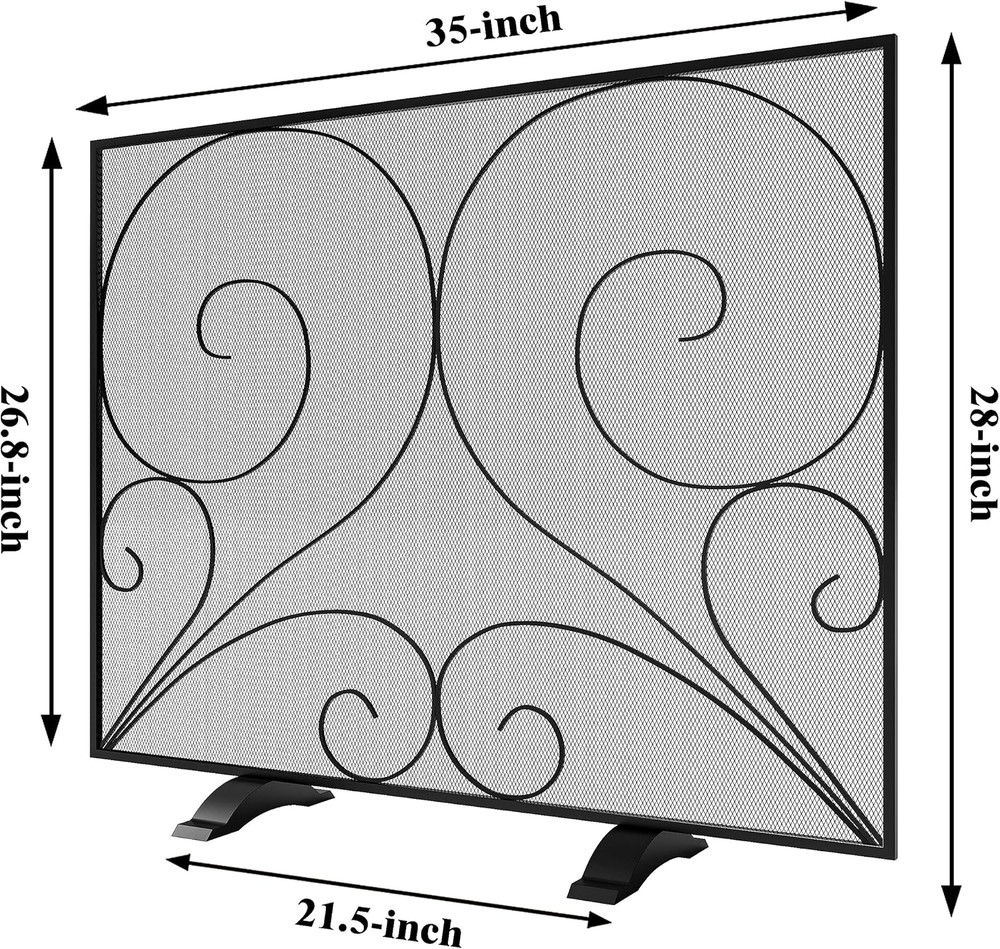 Single Panel Fireplace Screen Handcrafted Solid Wrought Iron Mesh, Heat-Resistan