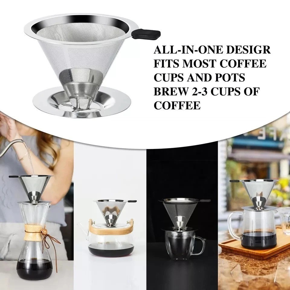 Pour Over Coffee Dripper Slow Drip Paperless Coffee Filter Double Mesh Stainless