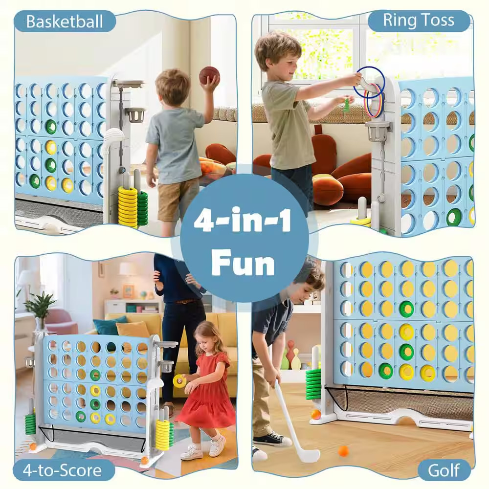 Giant 4-In-A-Row Game Set with Ring-Toss, Basketball Hoop, Golf Club and Cup Hol