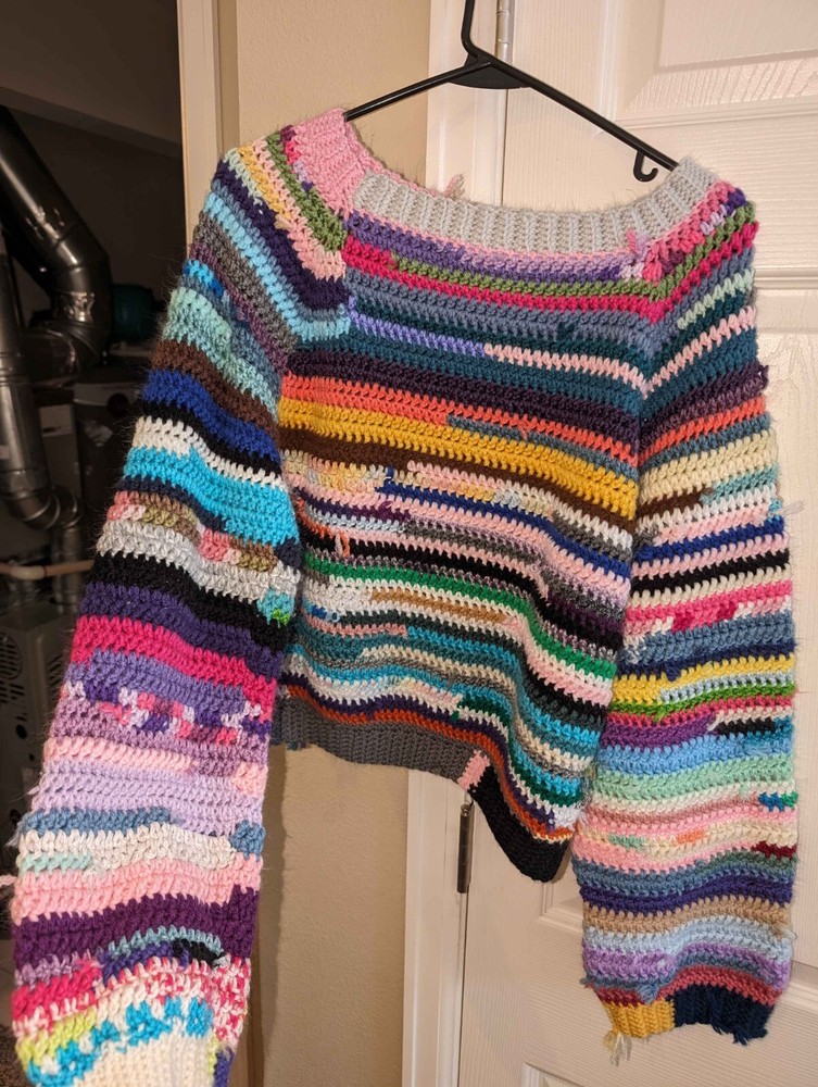 Handmade Raglan Style Crocheted Scrap Sweater Yarn Sized Medium