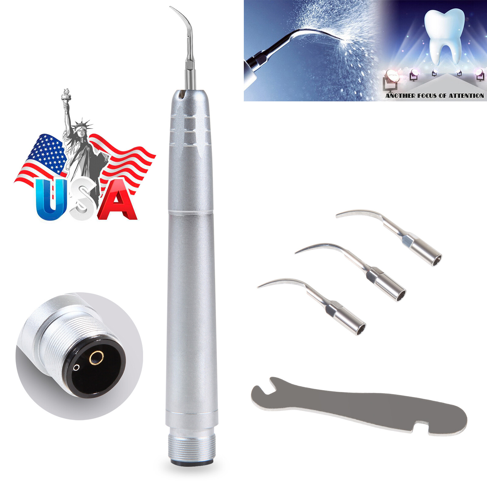 USA Dental Ultrasonic Air Perio Scaler Handpiece Hygienist 2/4-Holes With 3 Tips