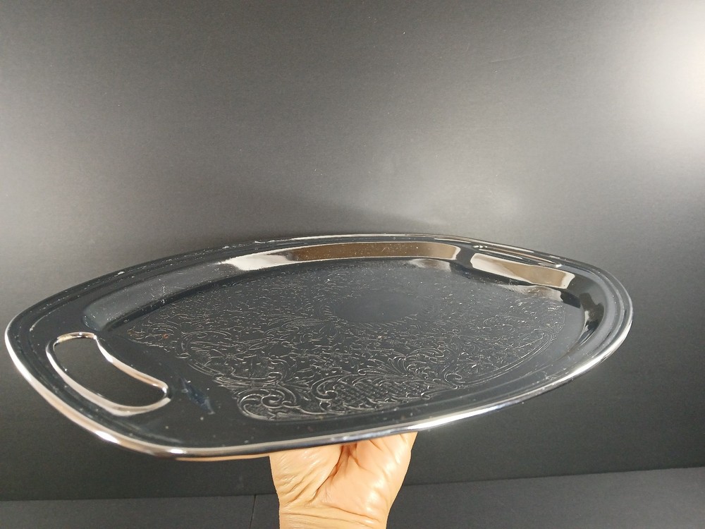 Vintage Chrome-plated Oval Serving Tray w/ Decorative Engraved Ornate Detailing