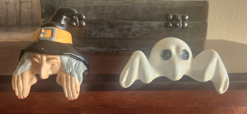 RARE Vintage 1982 Witch & Ghost Shelf Sitters, Handmade, Ceramic Bisque, EUC