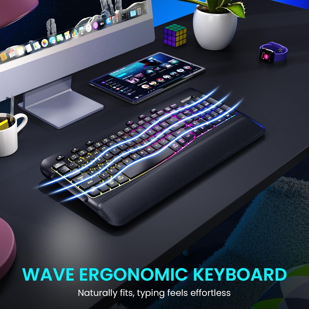 Wireless Keyboard and Mouse Combo, Ergonomic Wave, 9 RGB Backlit Effects, Lea...