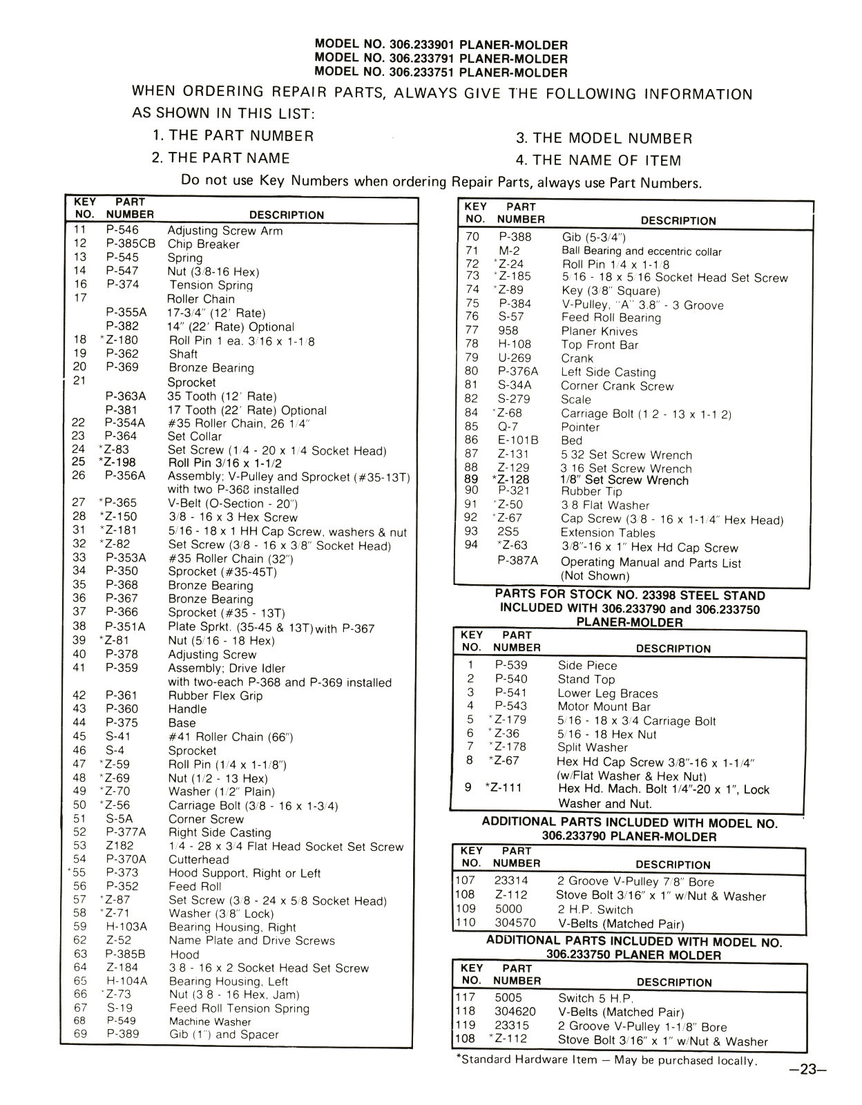 Sears Craftsman Planer Molder 306.233901,306.233791,306.233751 Owner Manual 1477