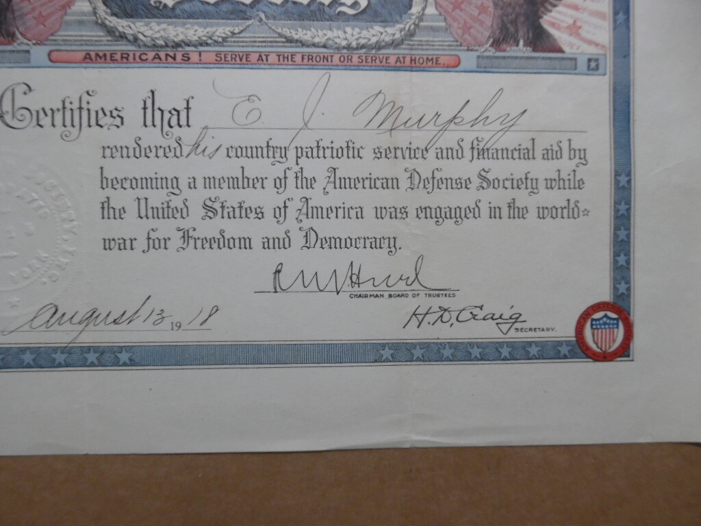 1918 American Defense Society Member Certificate Americanism Nationalist ADS WWI