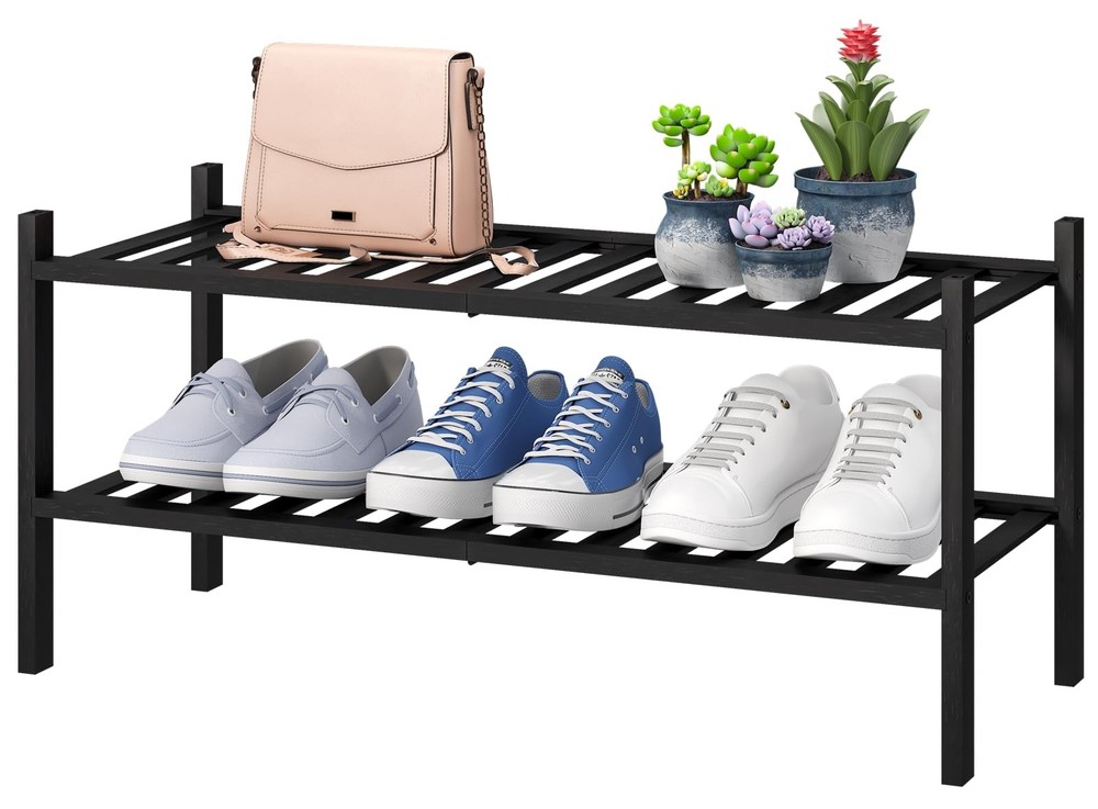 2-Tier Black Bamboo Shoe Rack for Entryway, Stackable | Foldable | Natural, ...