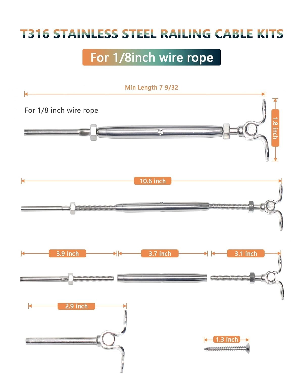 10 1/8" Cable Railing T316 Stainless Steel Swage Toggle Turnbuckle Hardware Kit