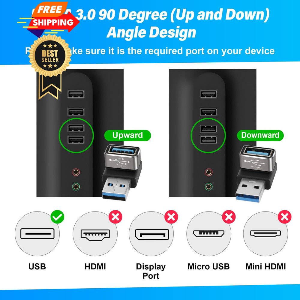 90 Degree USB 3.0 Adapter 4 Pack, (Up and Down) 4 Up Down Angle