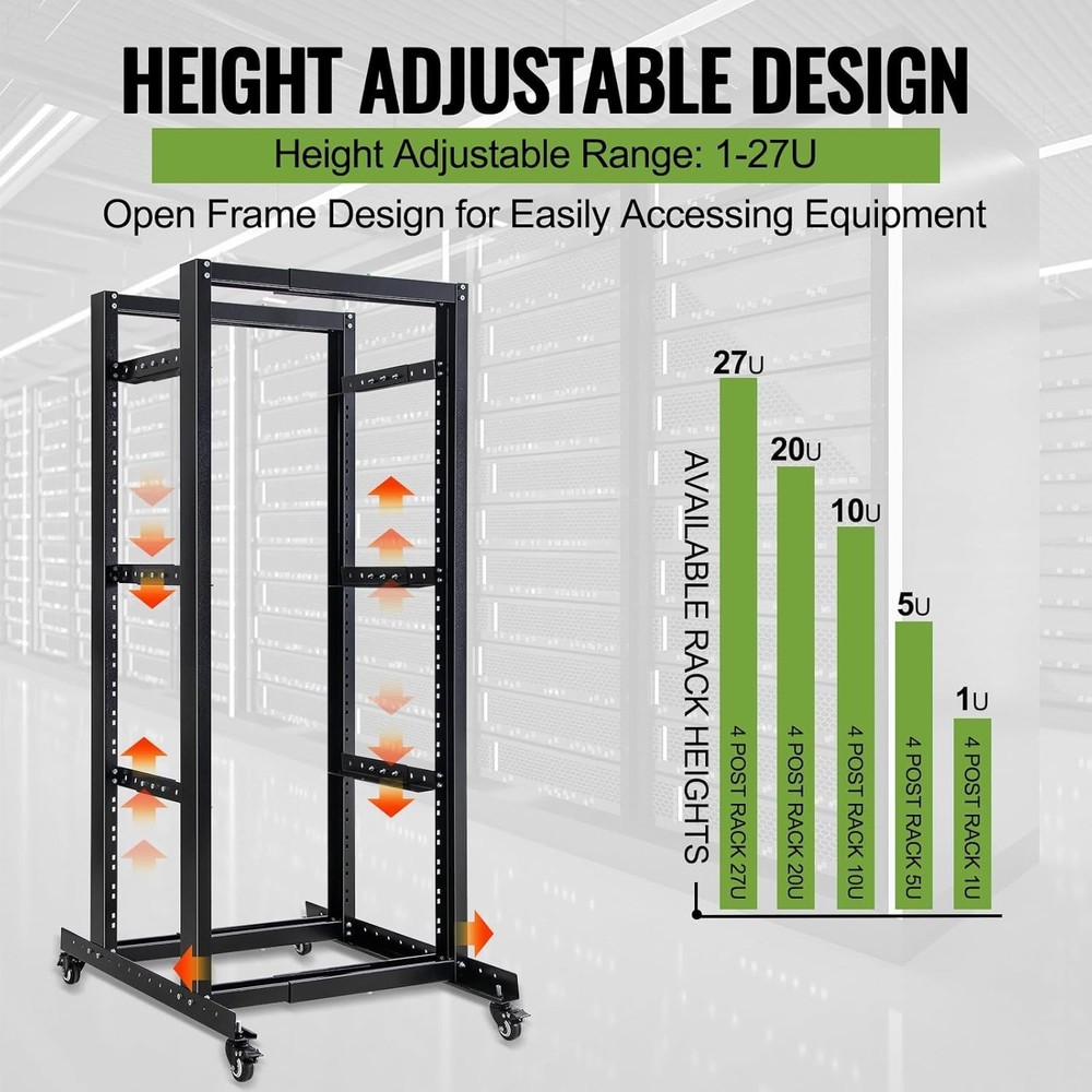 27U 4 Post Server Rack – Open Frame Rack for 19 Inch Equipment Adjustable Depth