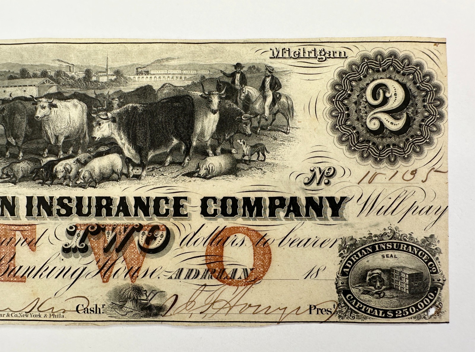 1853 $2 Adrian Insurance Company Michigan Obsolete Bank Note Two Dollars Bill MI