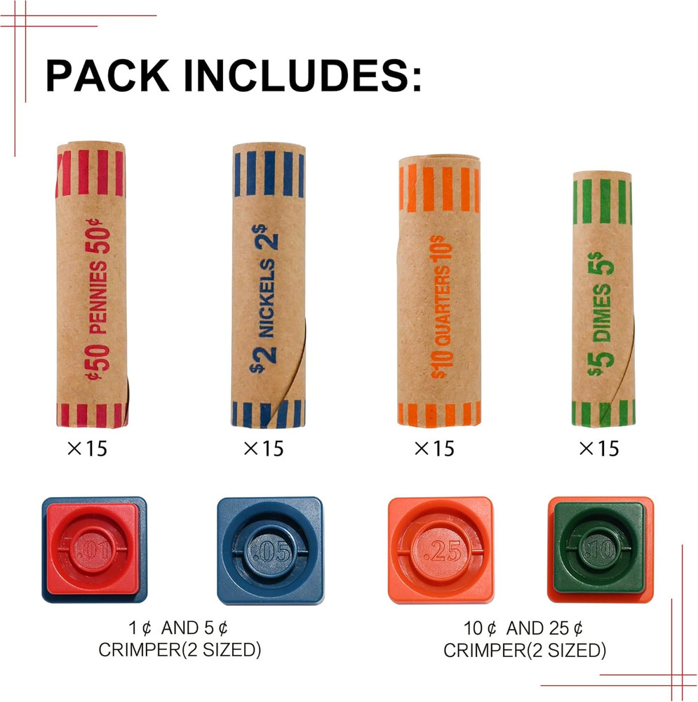 60 Assorted Coin Roll Wrappers with Color Coded Coin Wrapper Crimping Tool -(Qua