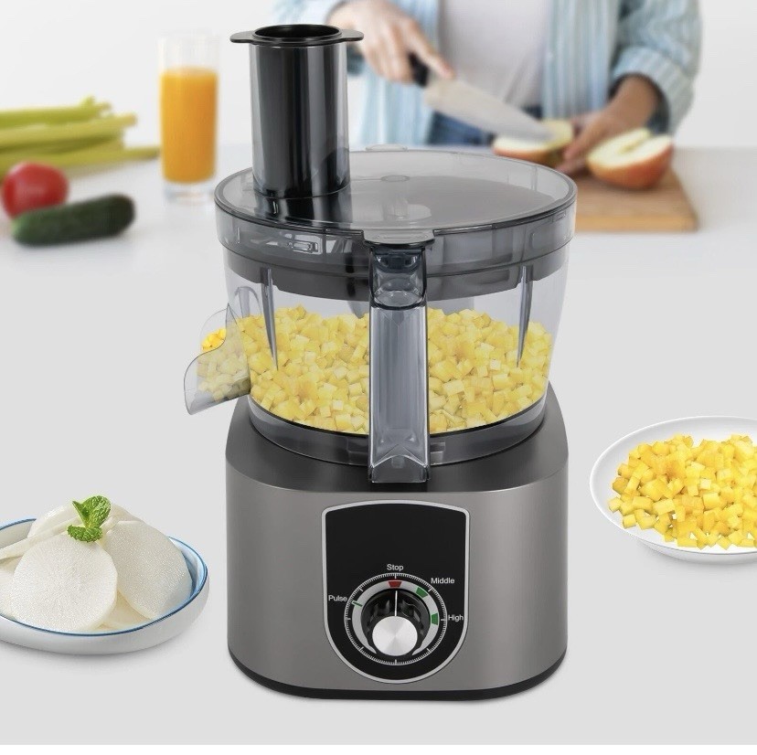 Full-Size Electric Food Processor, Gray, Multiple Blades, Dicing Grids, 3 Speeds