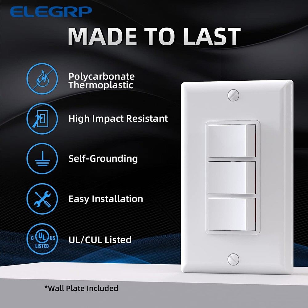 ELEGRP Decorator Triple Rocker Light Switch, Three Single Pole Electrical Pad...