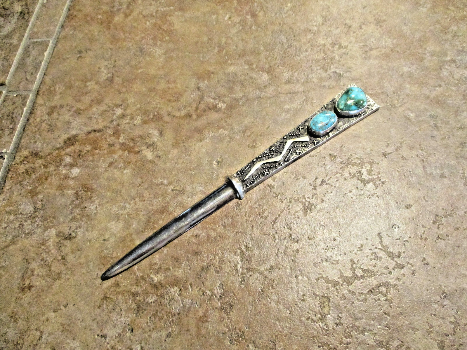 7" TOP SHELF !!! Vintage Navajo Sterling Turquoise Sandcast LETTER OPENER