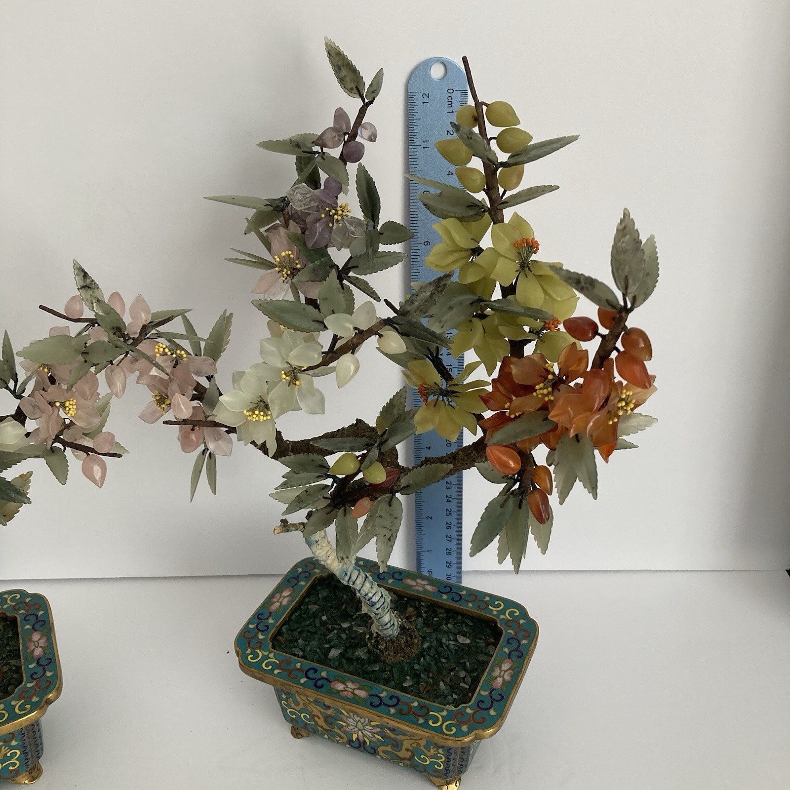 Pair Antique Chinese Jade Bonsai Tree in Cloisonne Pot w Amethyst Carnelian VTG