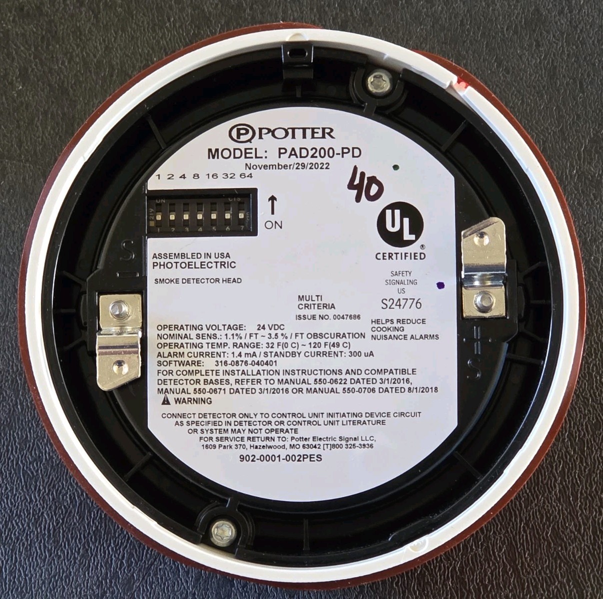 POTTER PAD200-PD PHOTOELECTRIC SMOKE DETECTOR *NEW WITH MARKER WRITING* 32 AVAIL