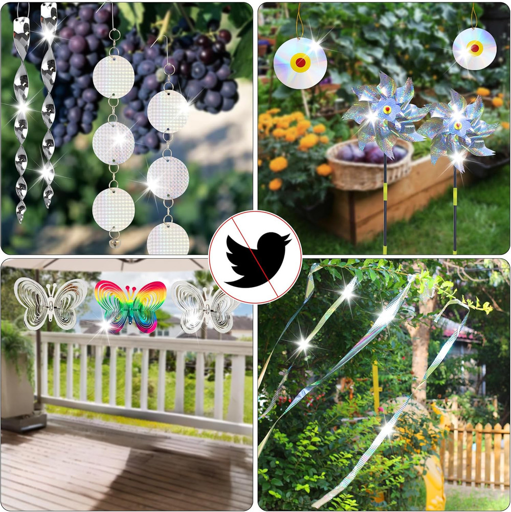 Bird Repellent Set - Includes 2 Reflective Pinwheels, 2 Butterfly Wind Spinners,