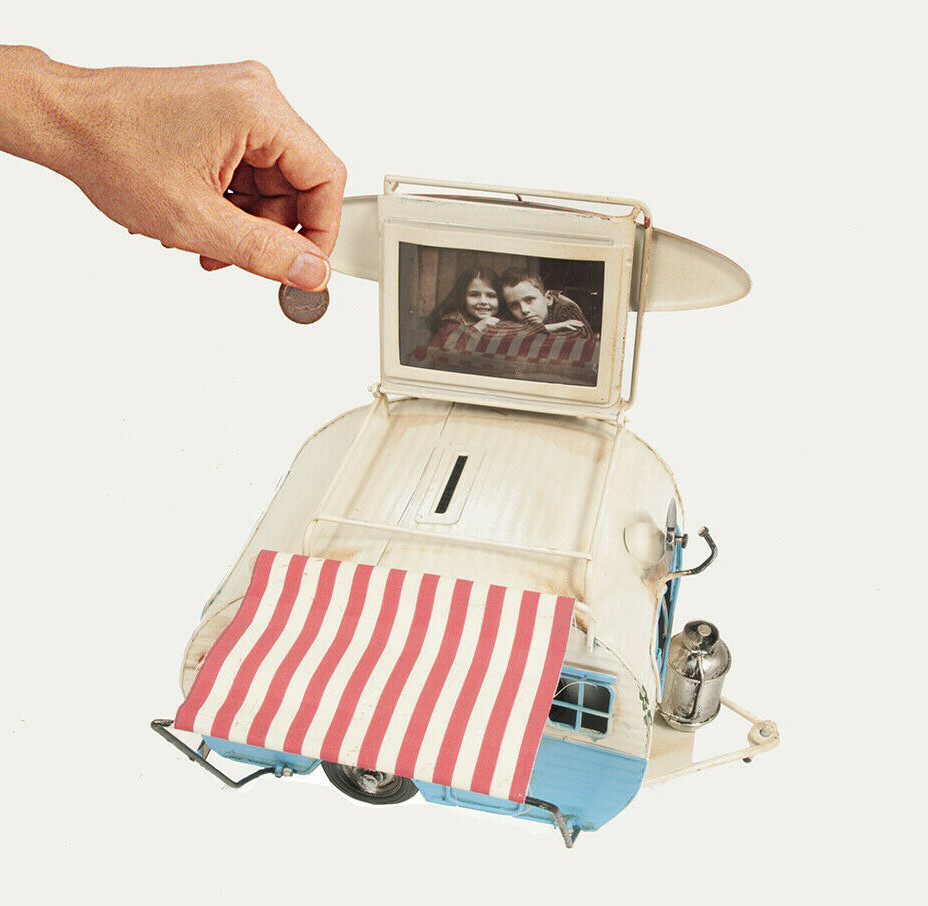 1960s Travel Camping Trailer Metal Model 9" Camper w/ Piggy Bank & Photo Frame