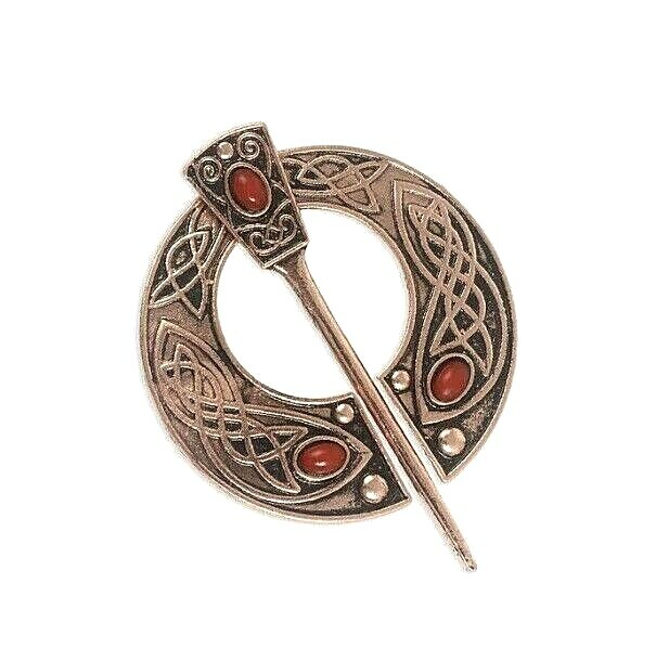 Coppery Celtic PENANNULAR Red Stone Cloak Brooch Pin 1-7/8" w/ 2-1/2" pin (PN17)