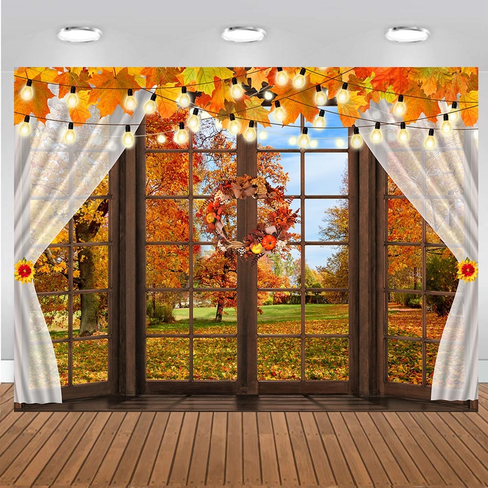 8X6FT Fall Windowsill Backdrop Thanksgiving Photography Backdrop Fall Forest ...