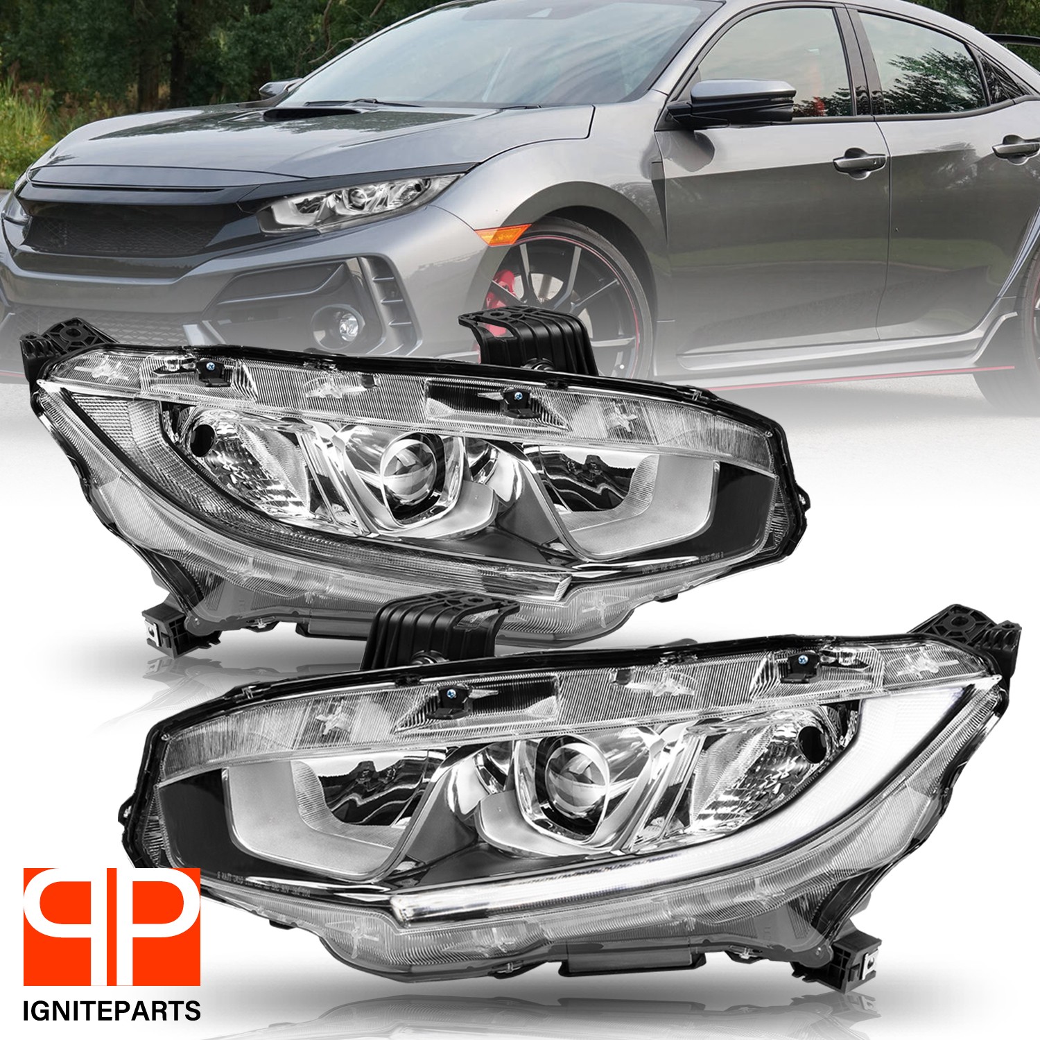 For 2016-2021 Honda Civic Halogen Chrome Clear Headlights Assembly Pair