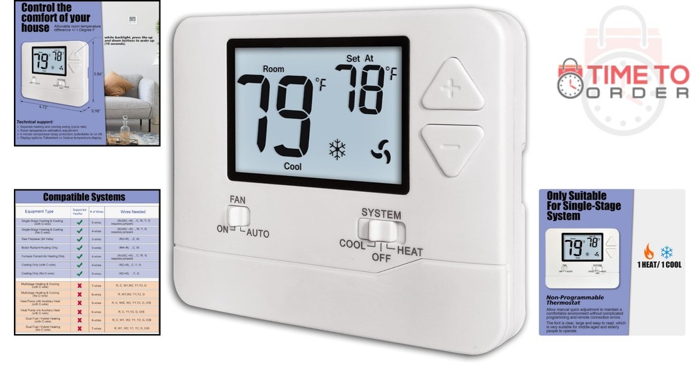 Non-Programmable Thermostat for Home Single-Stage Systems White Backlight