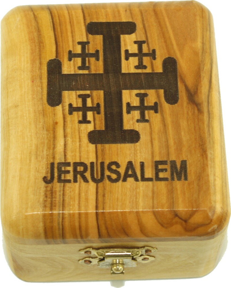 Olive Wood Box with the Jerusalem Cross (1.4"H)