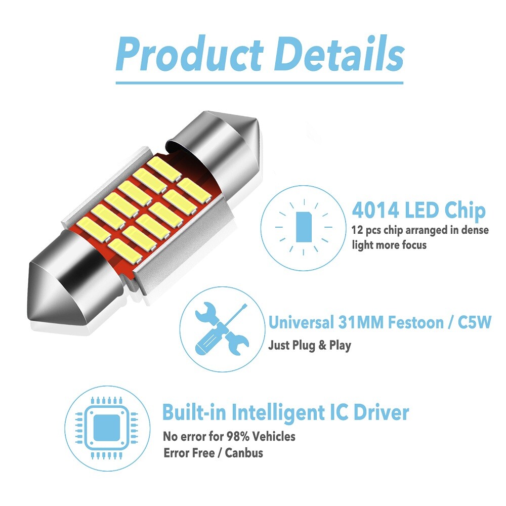 2X 31MM Festoon DE3175 LED Map Dome Interior Light Bulb 6000K Super Bright White