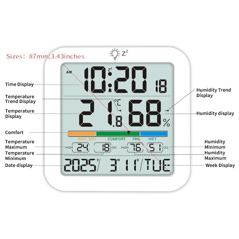 Indoor Thermometer Backlit Display Home Decor Alarm Function Battery Powered