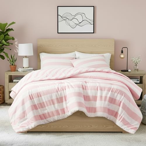Reversible Striped Comforter Set, Soft Microfiber Bedding Set with King Blush