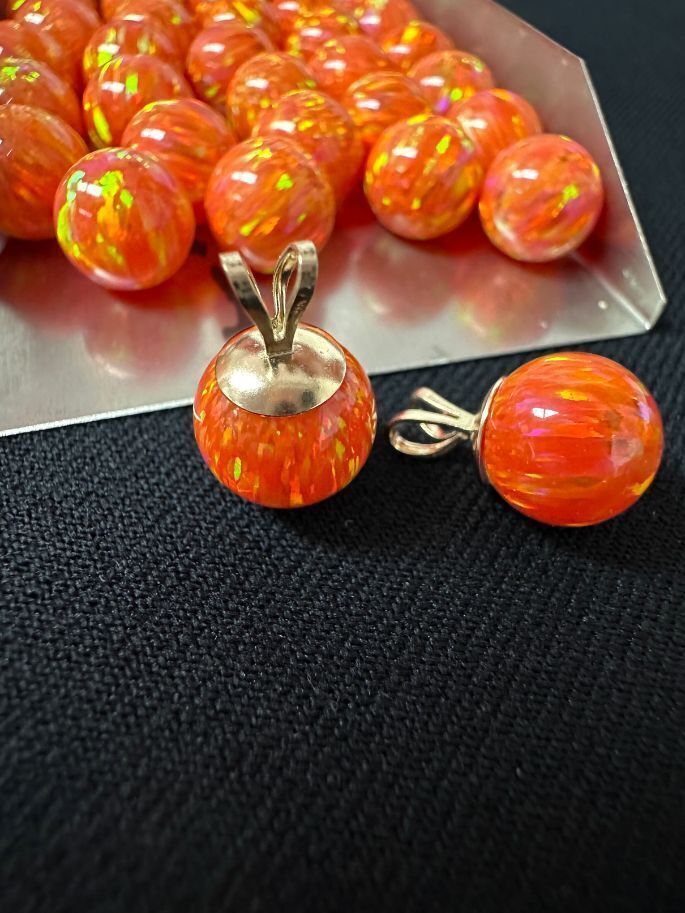 Half Drilled Orange Synthetic Lab Created Opal Round Beads