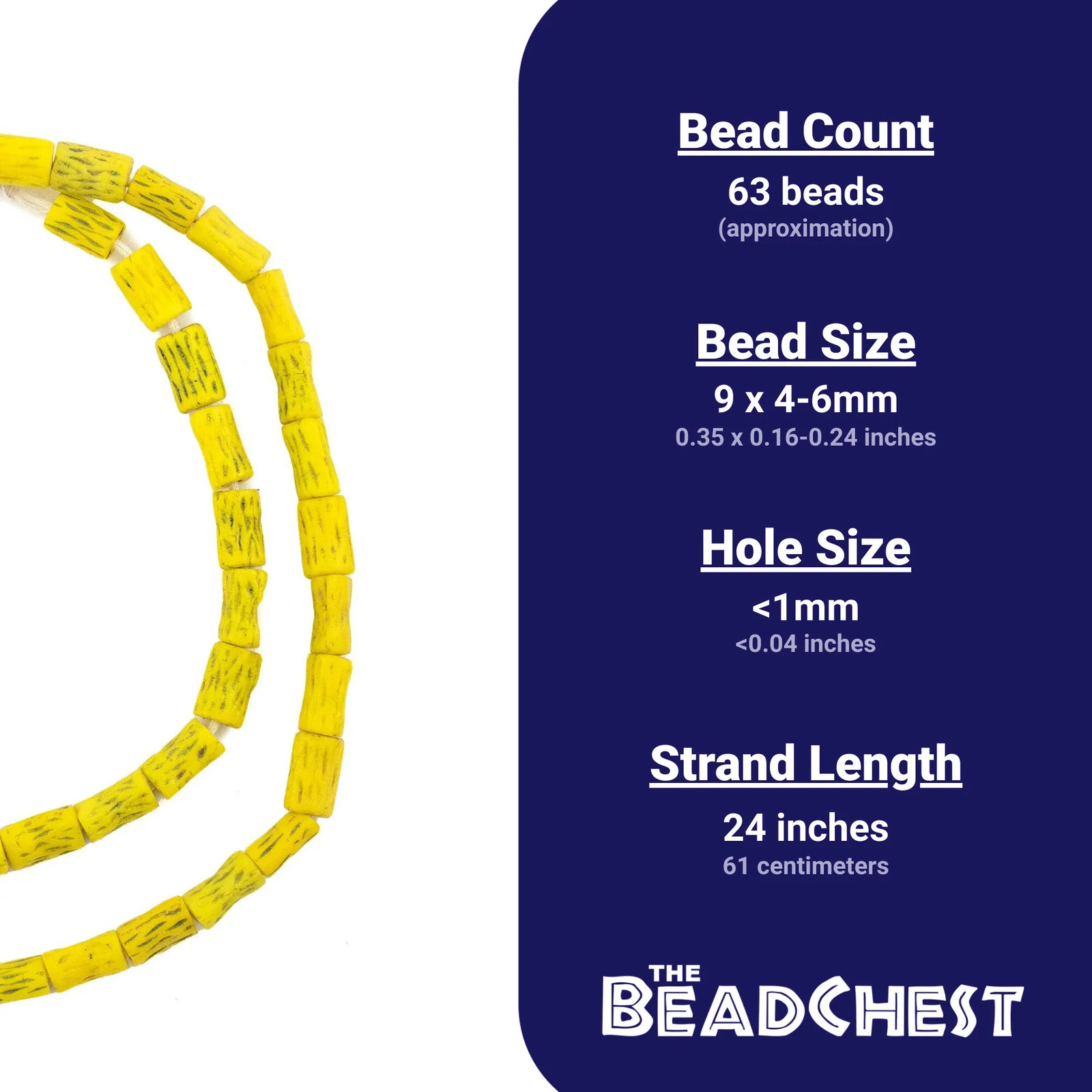 Yellow Vintage Bamboo-Shaped Kakamba Prosser Beads 5mm Ghana African Cylinder