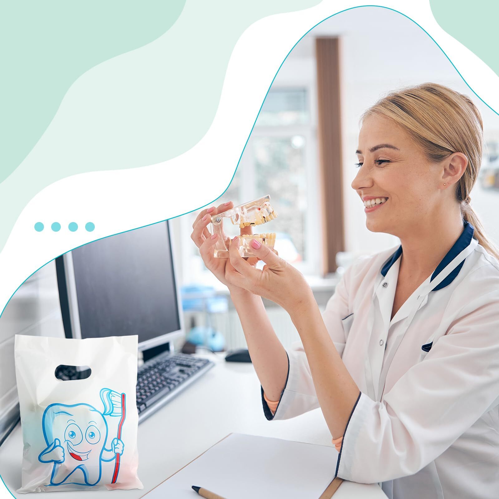300 Pcs Tooth Merchandise Bags with Handles Plastic Dental Bags for Patients
