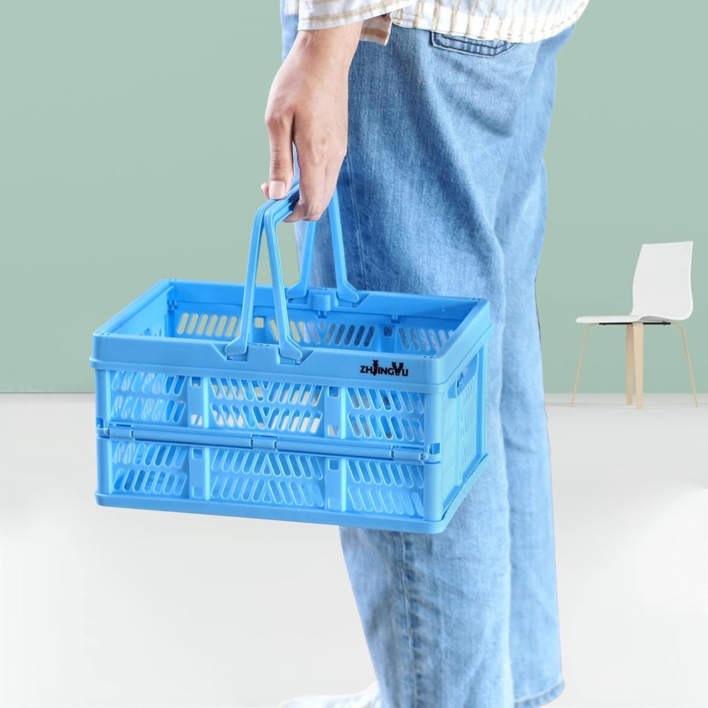 Collapsible Milk Crate – Foldable Plastic Basket with Handles, Blue, Small