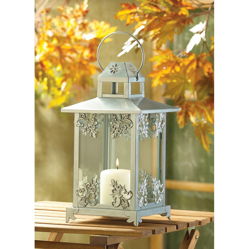 SILVER SCROLLWORK CANDLE LANTERN - 13" HIGH - IRON & GLASS