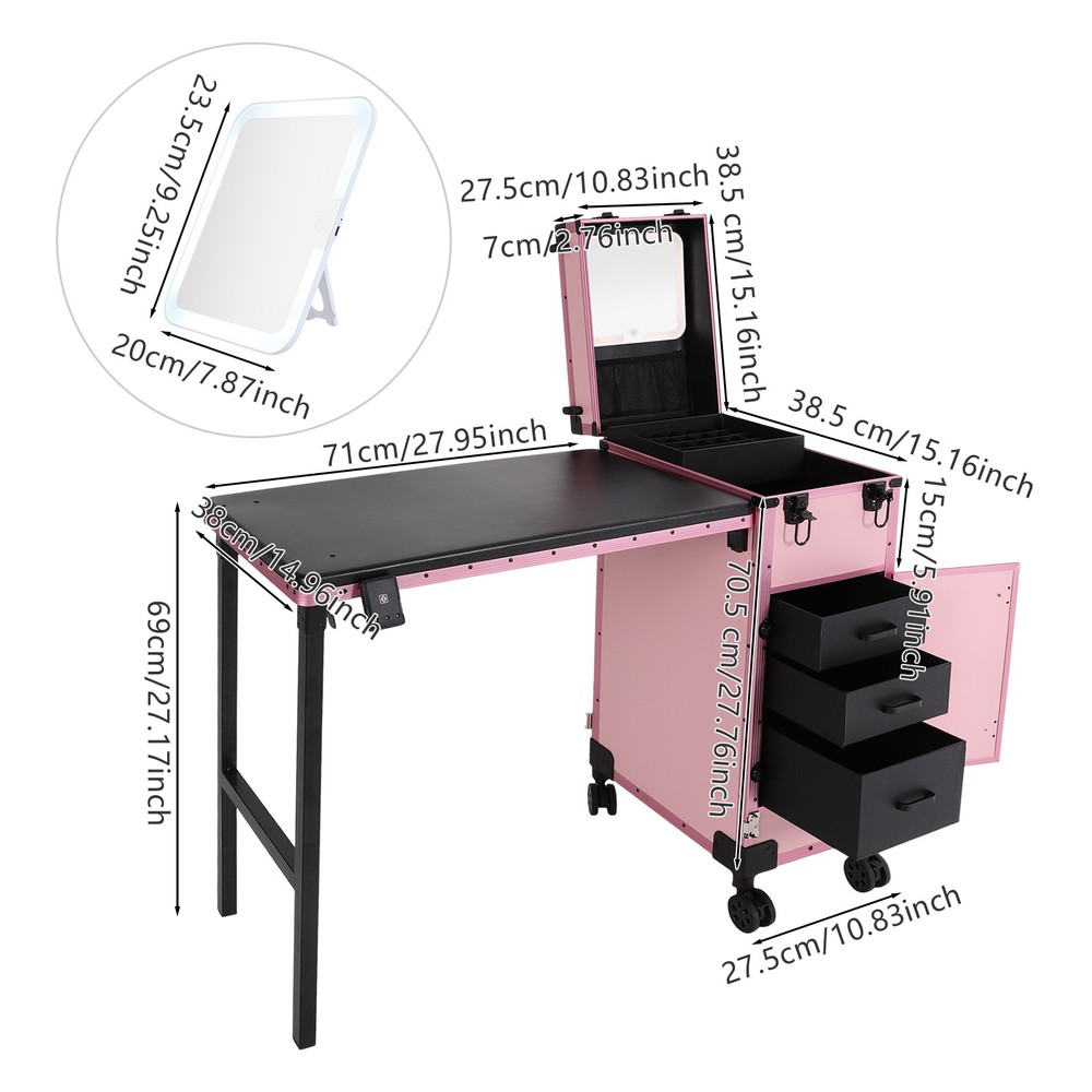 Rolling Makeup Case, Rolling Portable Manicure Table with 3 Drawers Lockable