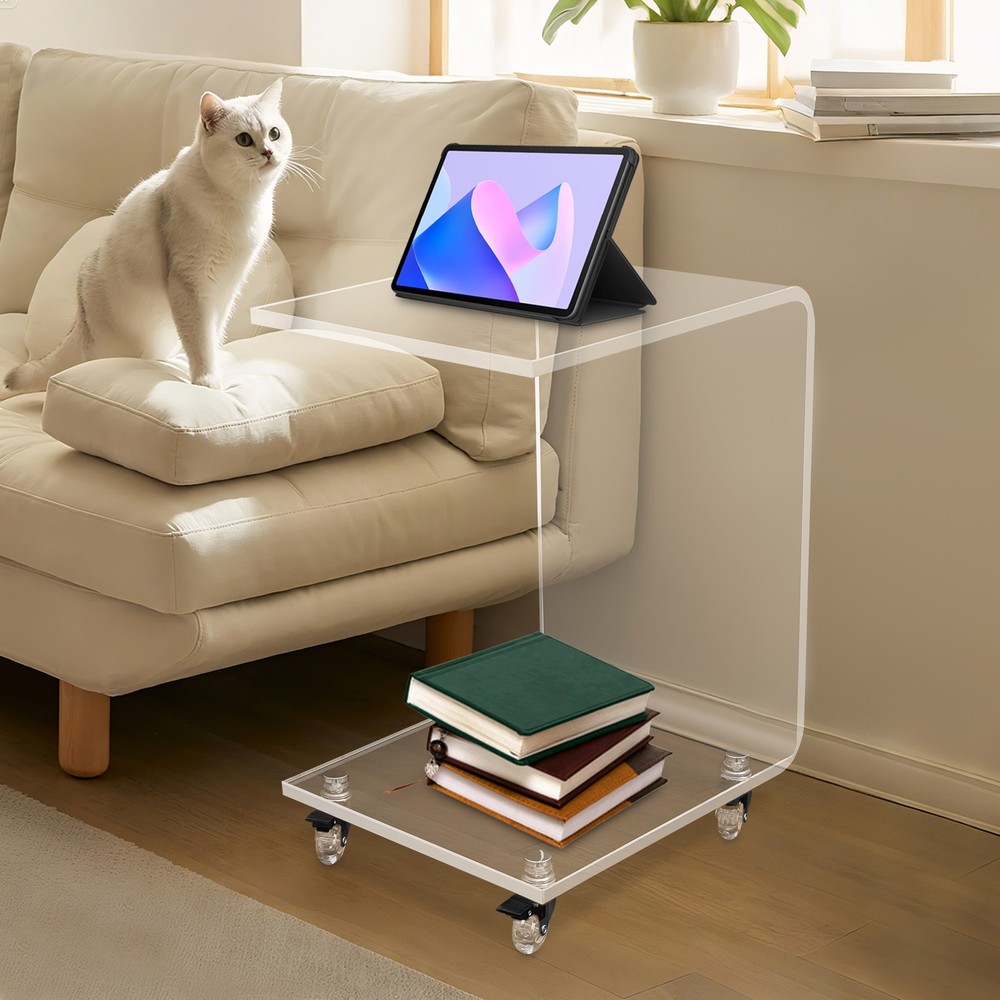 35*35*56cm C-Shaped Side Table, Acrylic End Table, Couch Side Table With Wheels