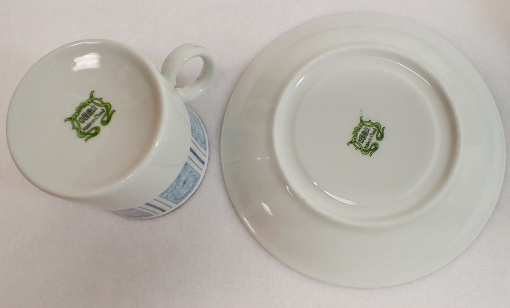 Retro MCM Design Blue Scroll China Set Cups Saucers Sugar Lidded Coffee Pot