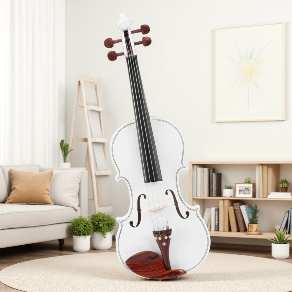 4/4 Solid Spruce Top Acoustic Beginner Violin Set - Tuner, White, Shoulder Rest