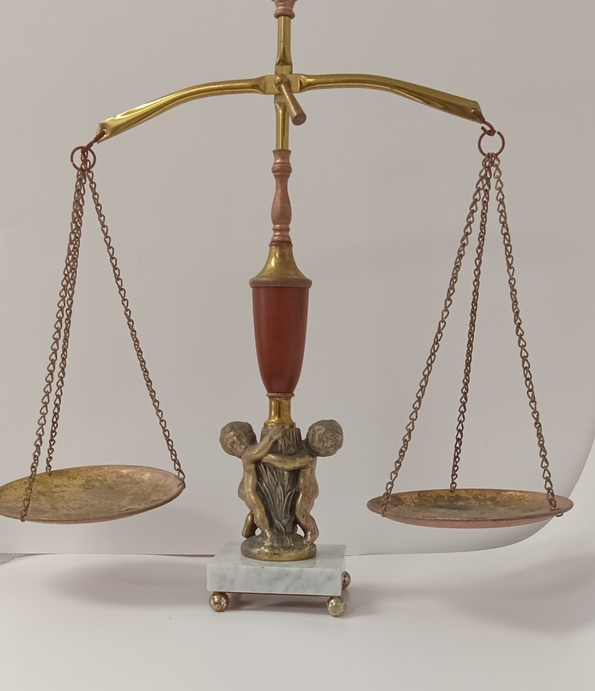 Vinatge Solid Brass and Marble Cherub Balance Scale, 19"