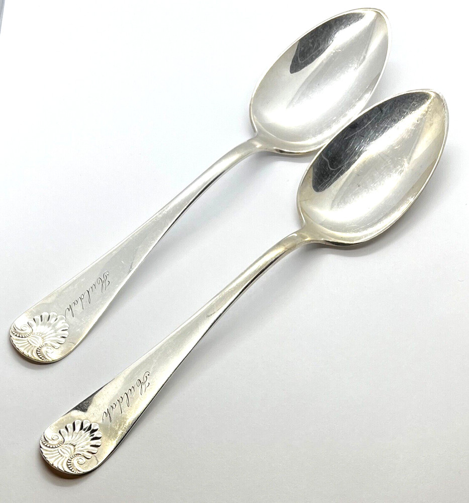 2 - Antique N Shafer Silverplate Serving Spoons Shell Pattern Engraved "Huldah"