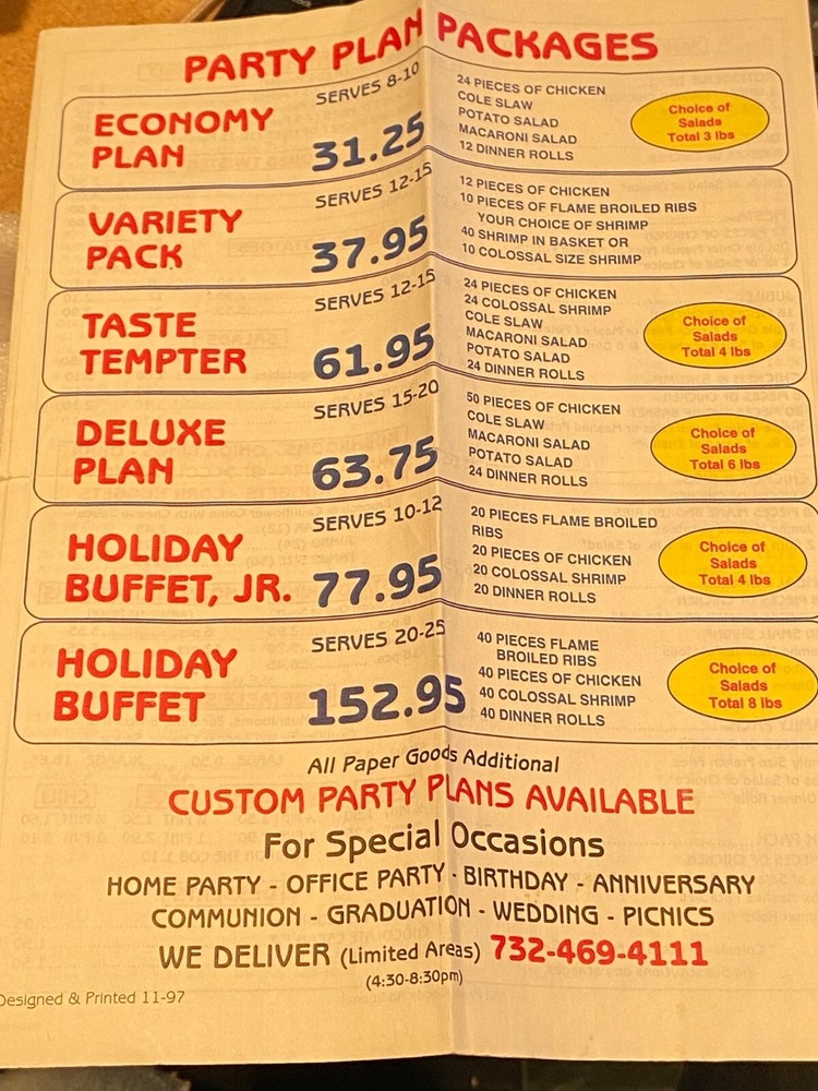 Vintage 1997 Chicken Holiday NJ Menu *Folded/Nice* SDT2