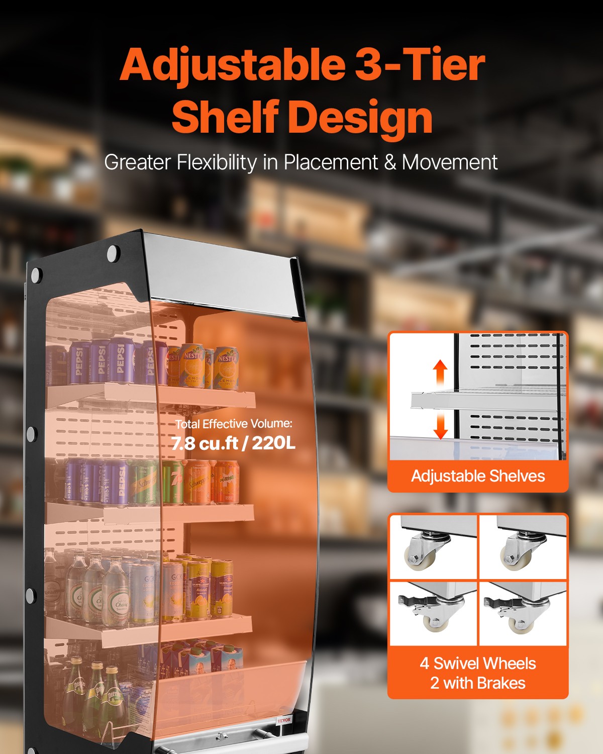 VEVOR Open Air Merchandiser 3-Tier Display Cooler with Air Curtain 7.8cu.ft.
